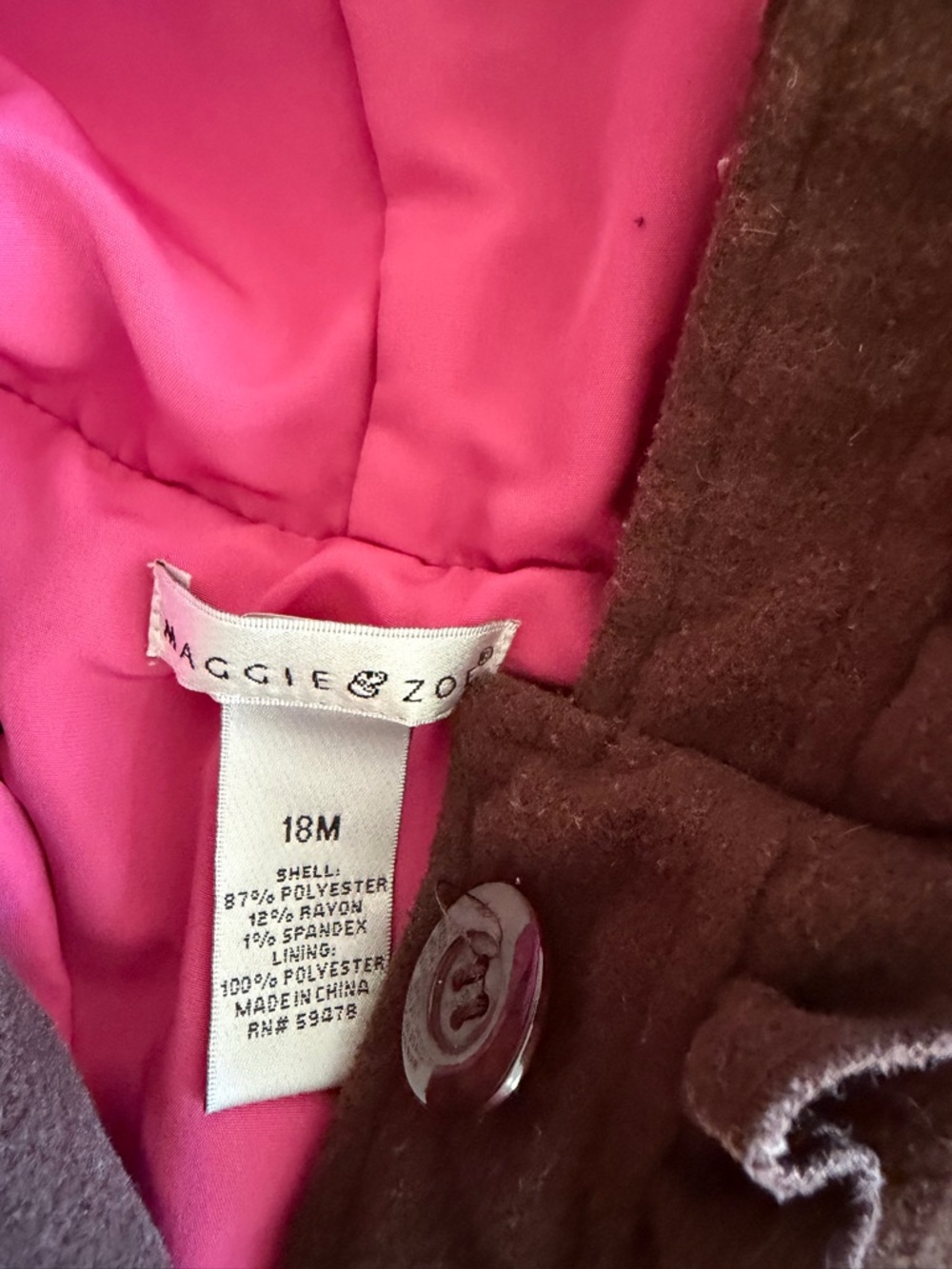 Maggie & Zoe Brown Pea Coat with Pink Hood Lining - Picture 4 of 4